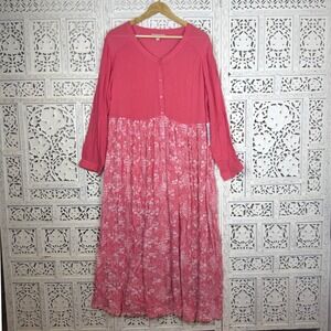 Woman Within Coral Pink Button Up‎ Maxi Dress Sz 18W Cottage Floral Granny Flowy